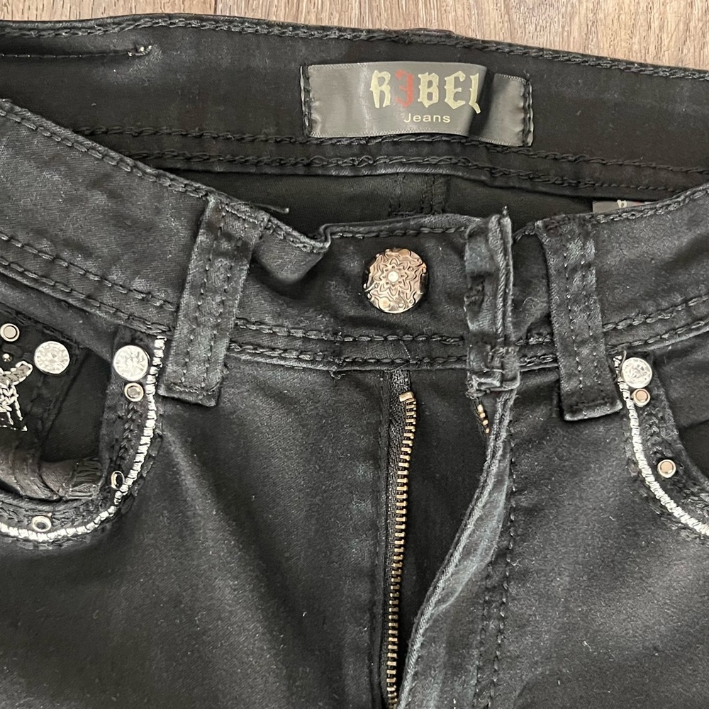 Black Flare Jeans with Stud & Chain Pocket Detail - Picture 5 of 7